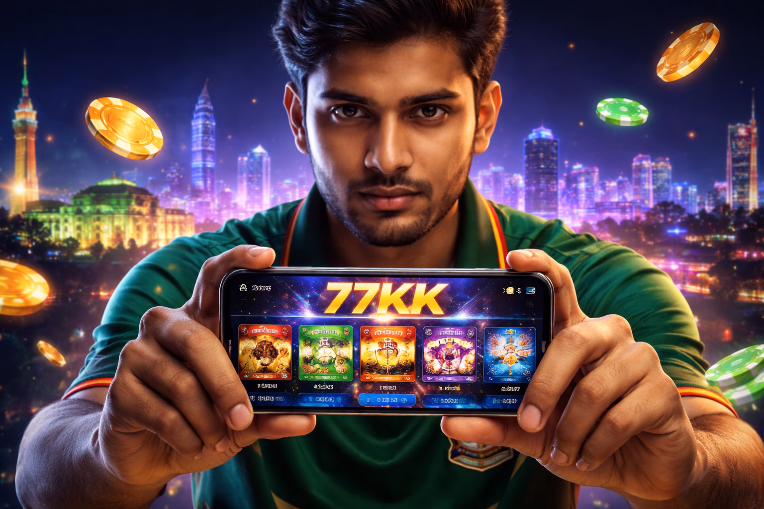 একটি মনোযোগী বাংলাদেশি খেলোয়াড় 77KK মোবাইল অ্যাপ ব্যবহার করছেন, চারপাশে জ্বলজ্বল করা চিপ, কার্ড এবং রুলেট চাকা একটি নিওন স্কাইলাইনের চারপাশে ভাসছে