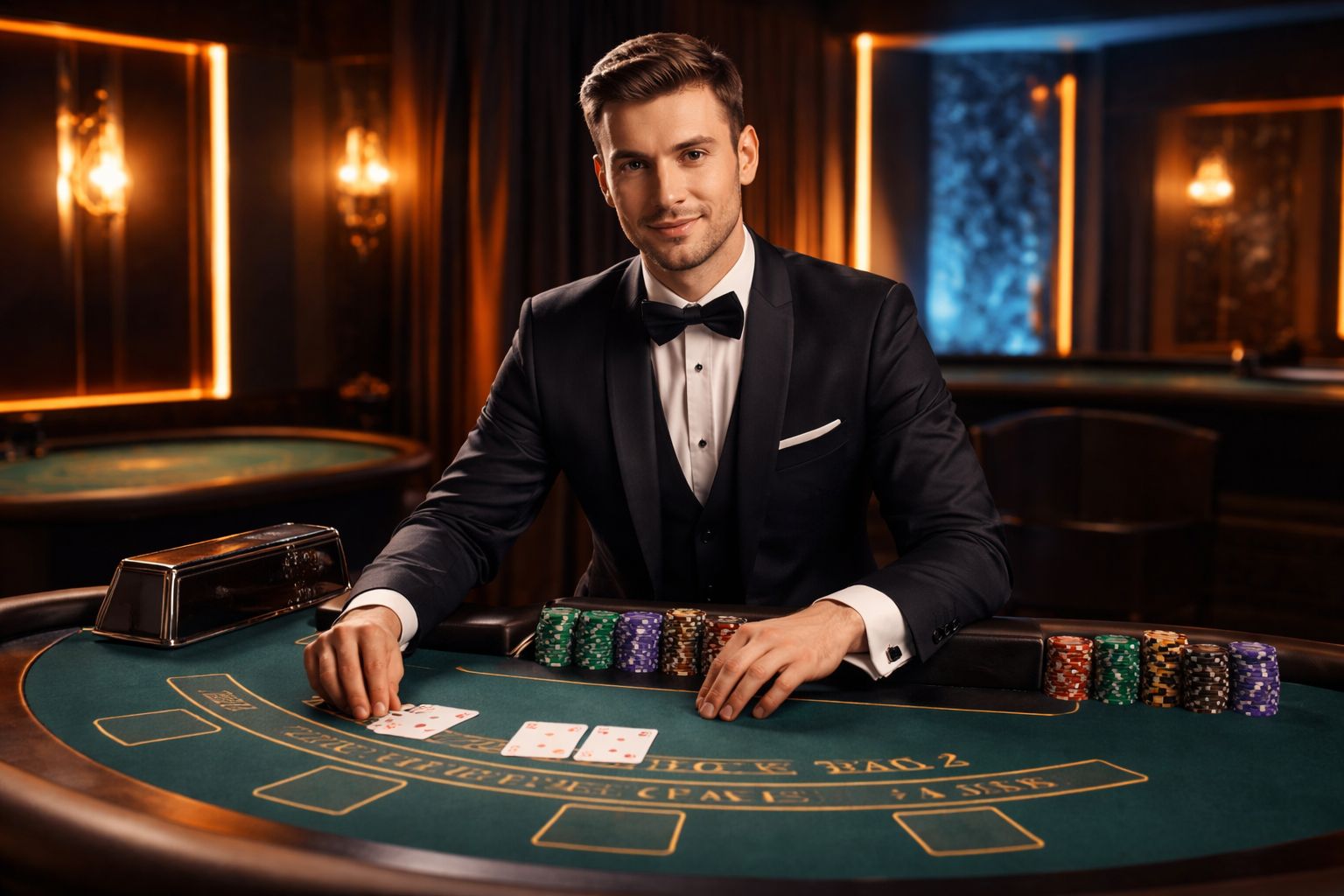Elegant casino host confidently standing beside a roulette wheel surrounded by refined decor and radiant lighting reflecting the upscale mood of 77KK in Bangladesh