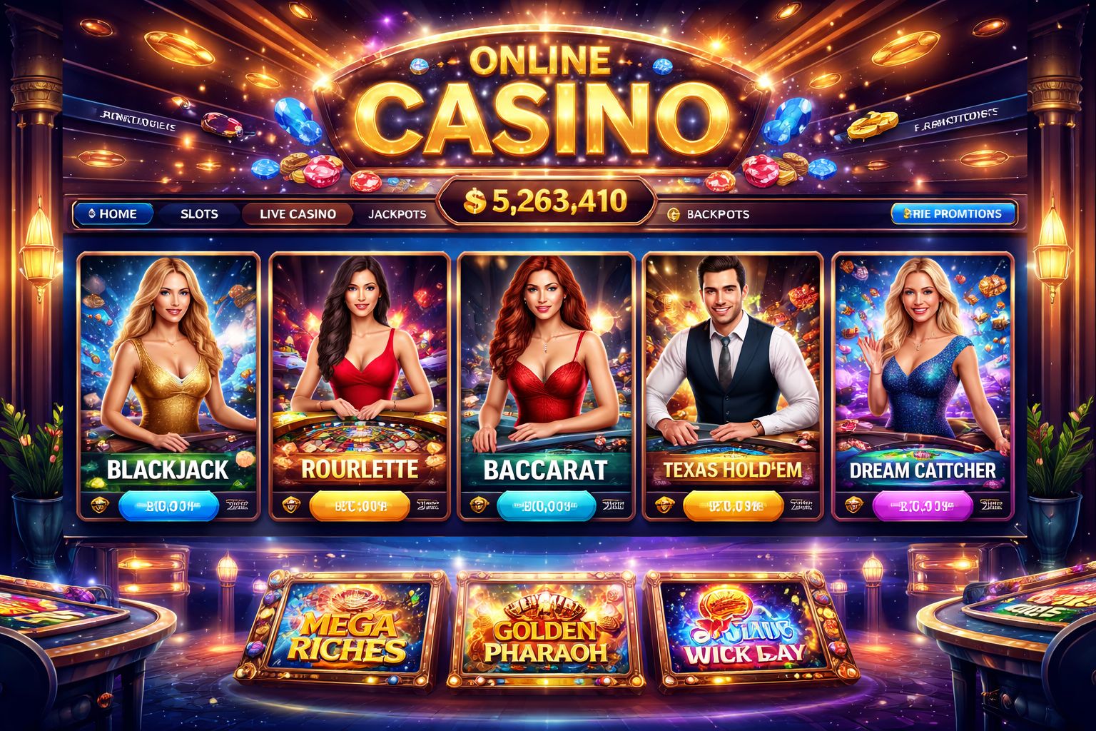 Confident casino host standing beside a roulette wheel surrounded by floating chips reflecting the premium live studio universe of 77KK in Bangladesh