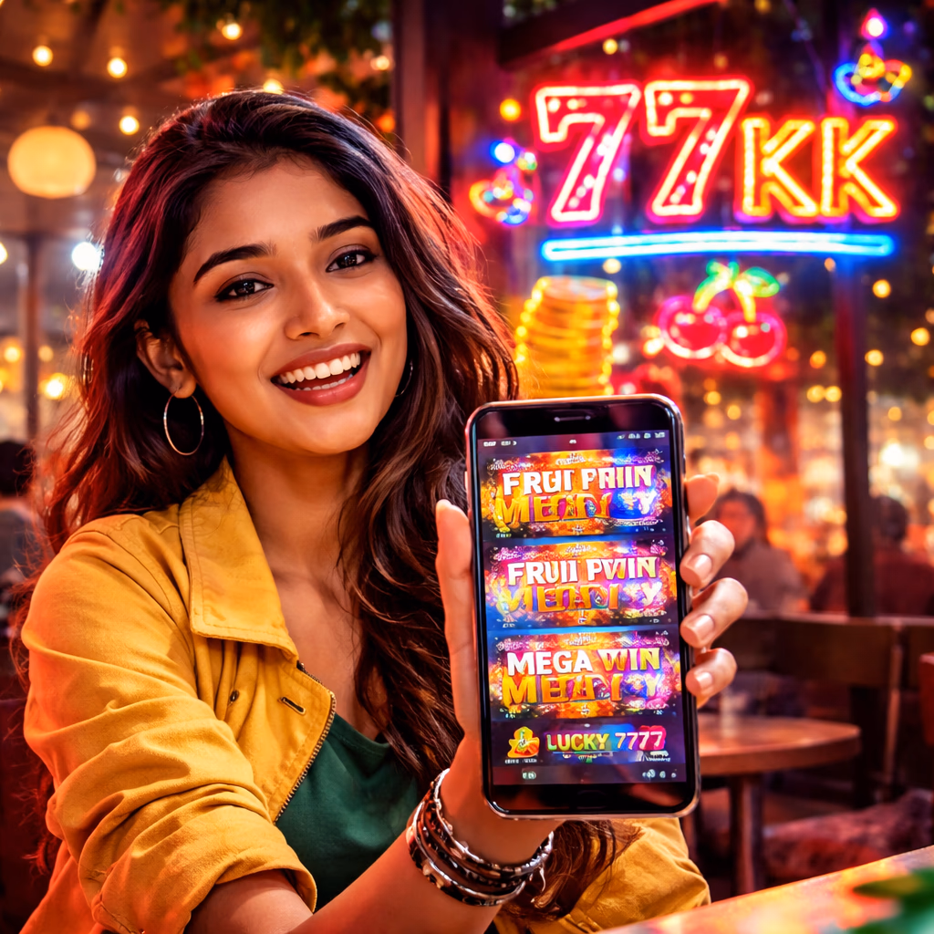 Enthusiastic Bangladesh player enjoying colourful online casino titles on a laptop showing the vibrant 77KK games lobby with neon signage