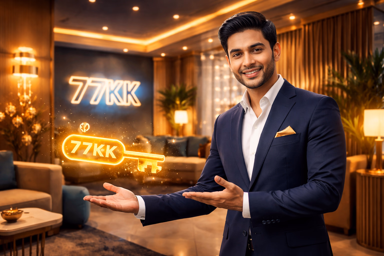 একটি উজ্জ্বল আধুনিক লাউঞ্জে উজ্জ্বল সোনালী 77KK সাইন-ইন কী এর দিকে ইঙ্গিত করছেন স্বাগত জানানো বাংলাদেশি হোস্ট